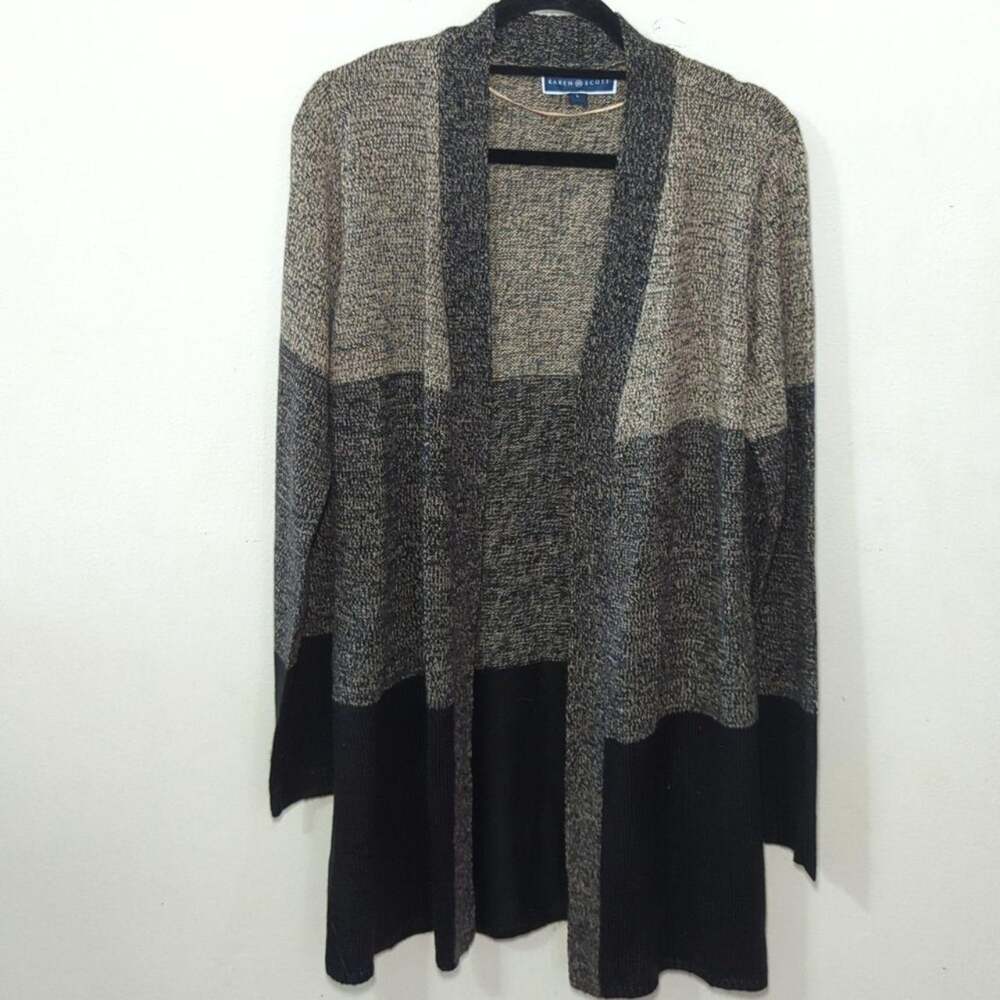 Karen Scott Open Front Cardigan Sweater Black Tan Colorblock Women's Size L